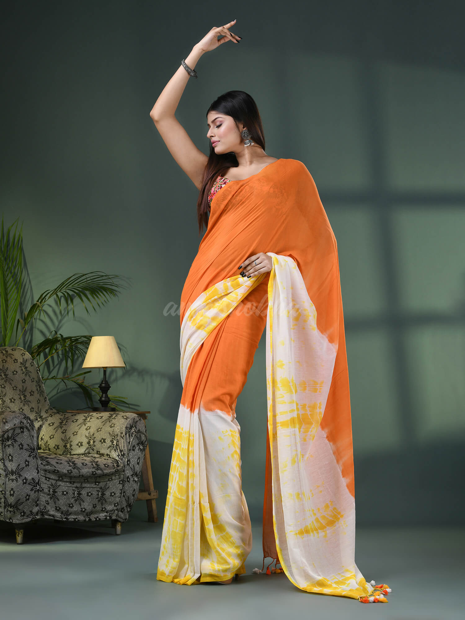 Orange & White Cotton Srivari Handloom Saree