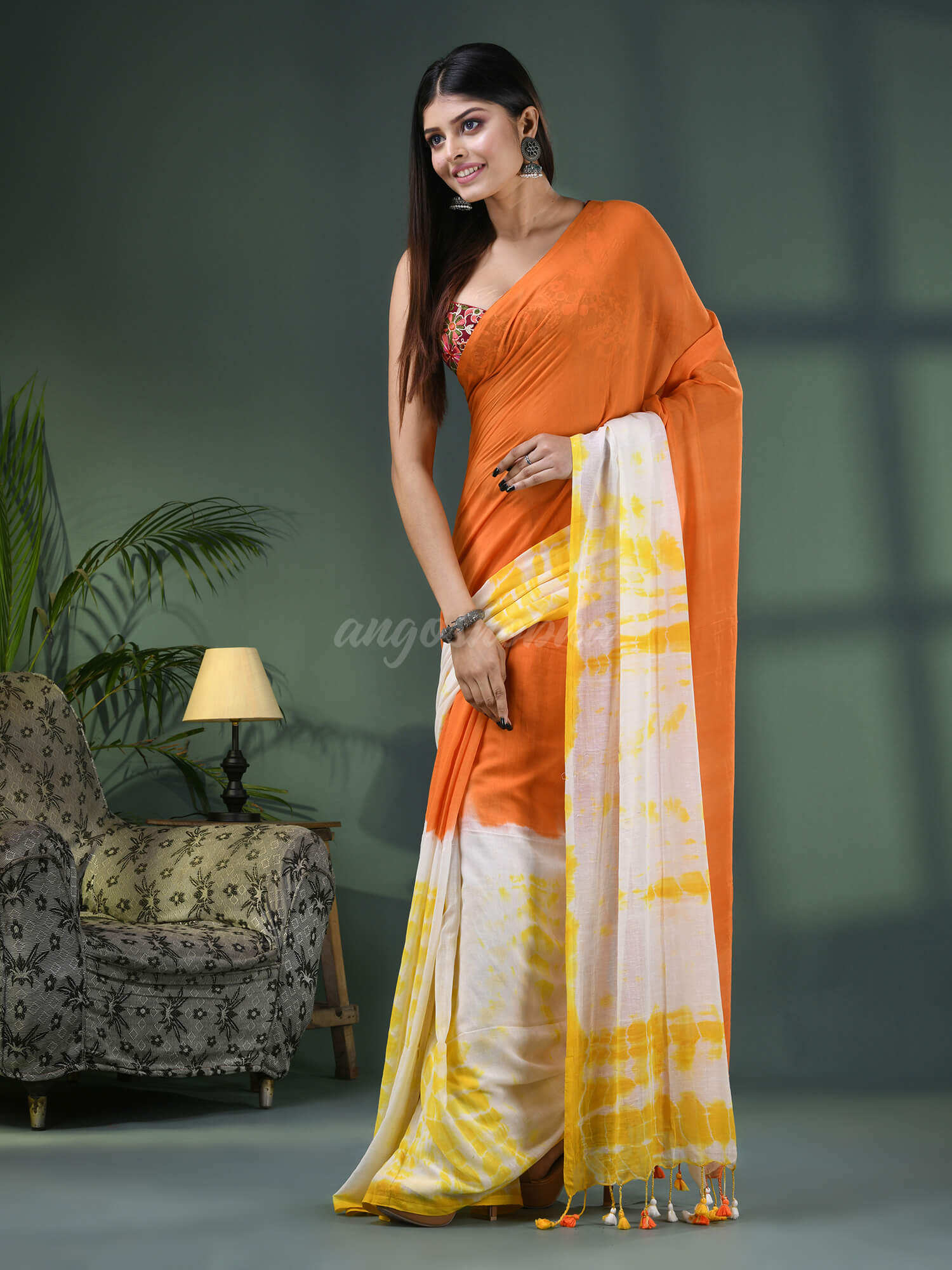 Orange & White Cotton Srivari Handloom Saree