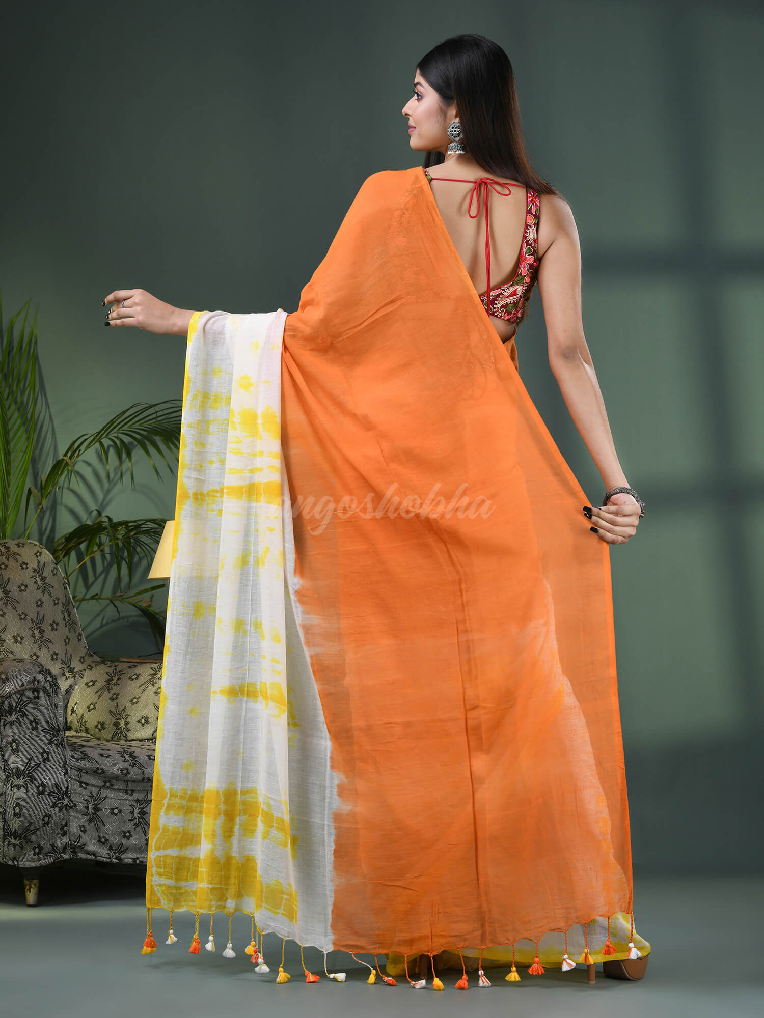 Orange & White Cotton Srivari Handloom Saree