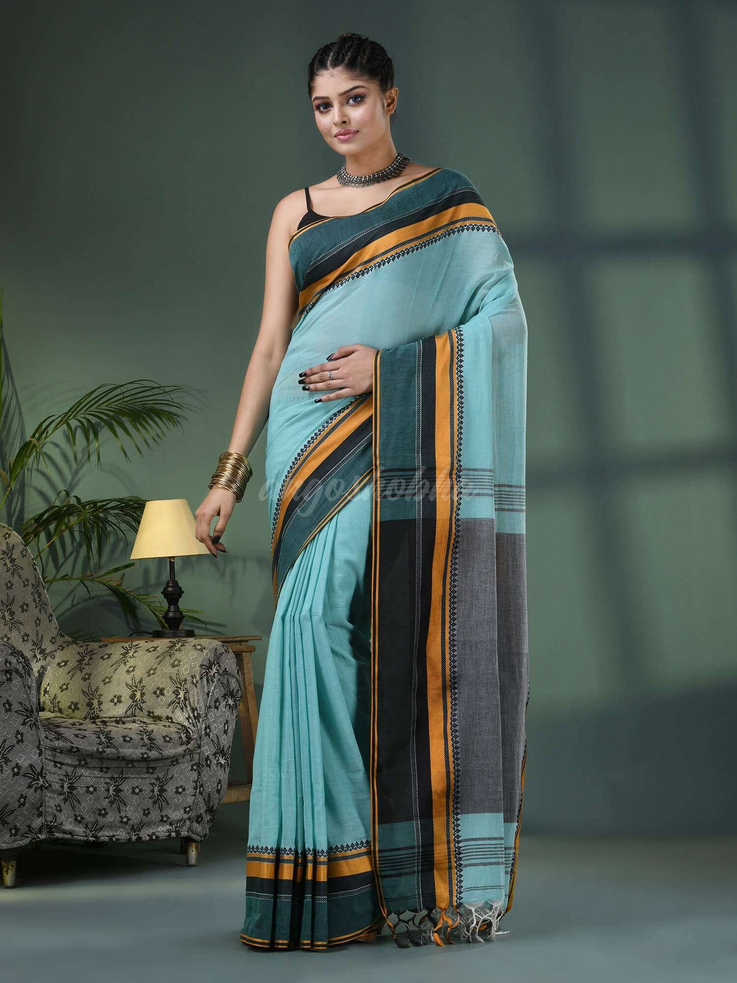 Baby Blue Cotton Jacquard Border Handloom Saree