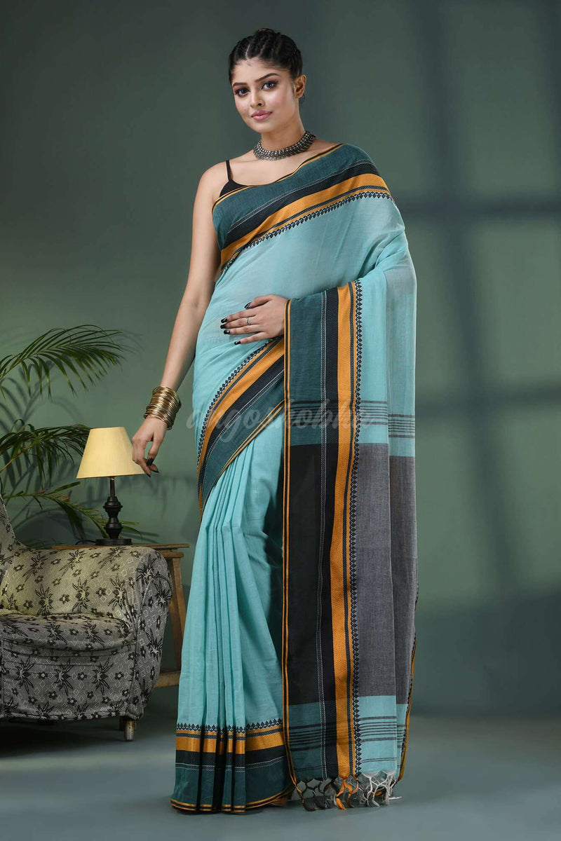 Baby Blue Cotton Jacquard Border Handloom Saree