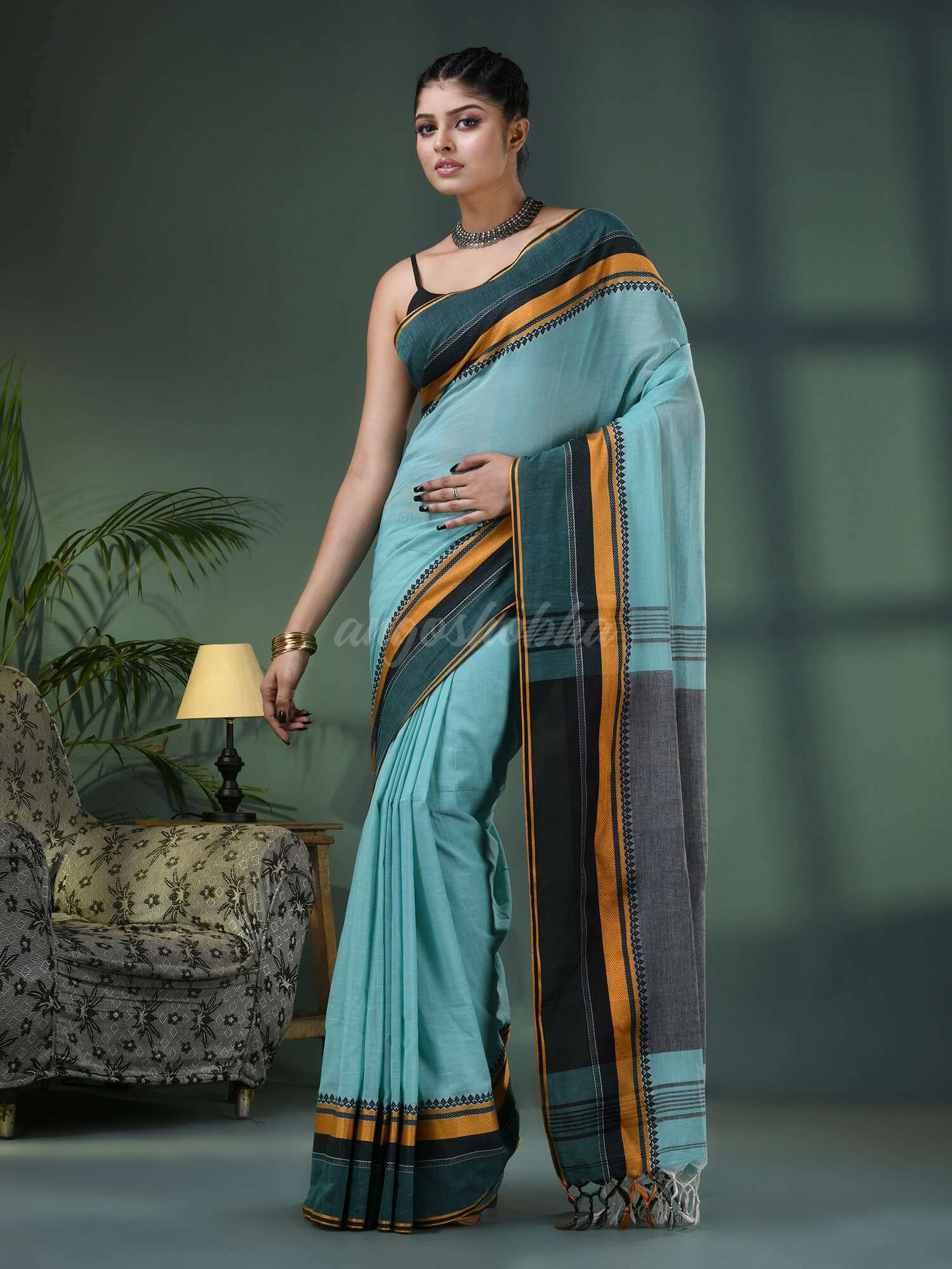 Baby Blue Cotton Jacquard Border Handloom Saree