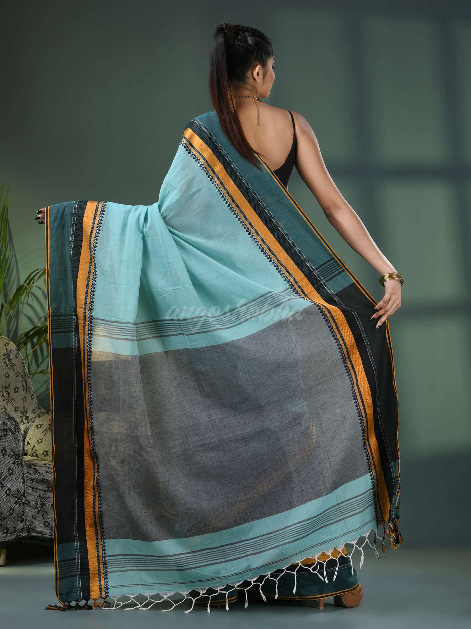 Baby Blue Cotton Jacquard Border Handloom Saree