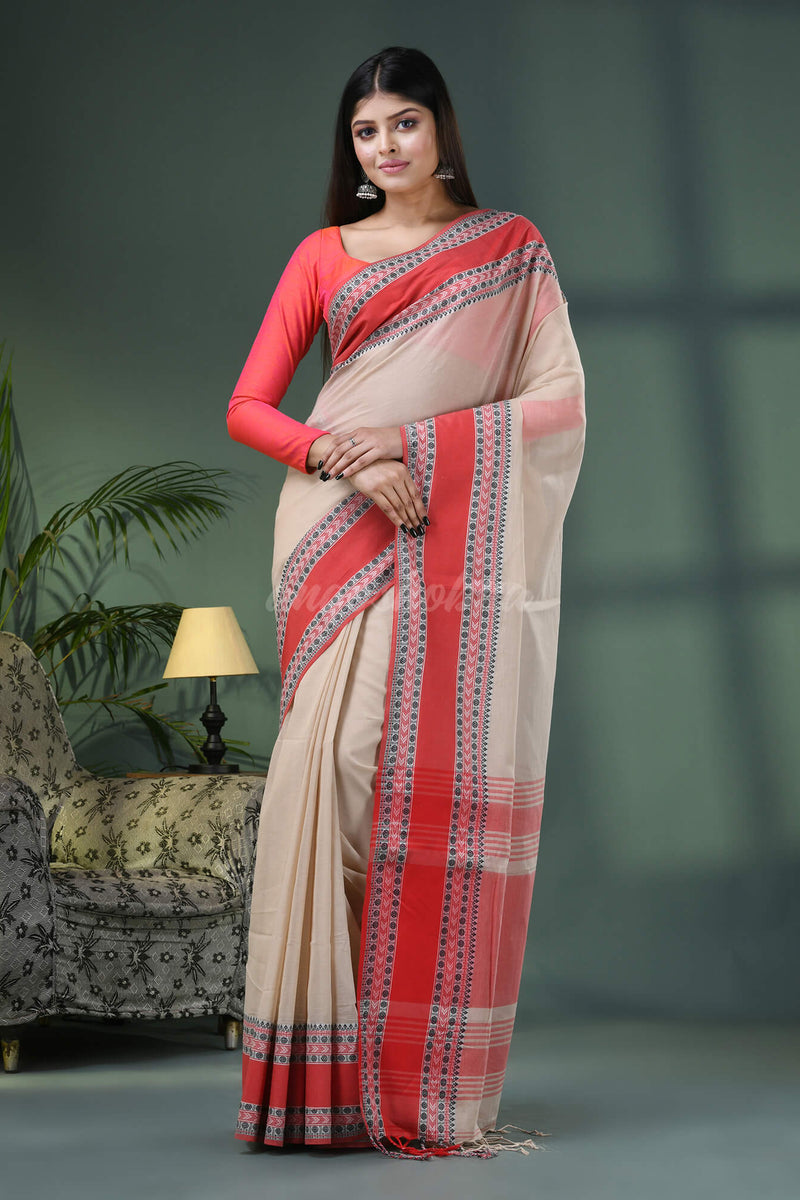 Cream Cotton Jacquard Border Handloom Saree