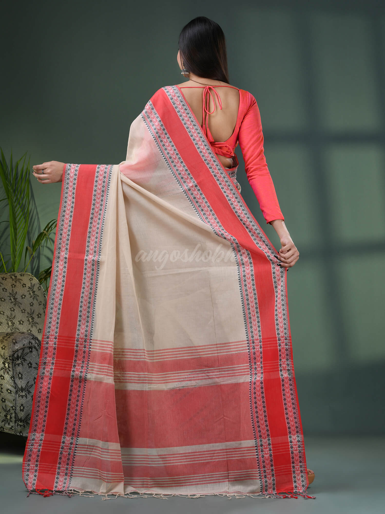 Cream Cotton Jacquard Border Handloom Saree