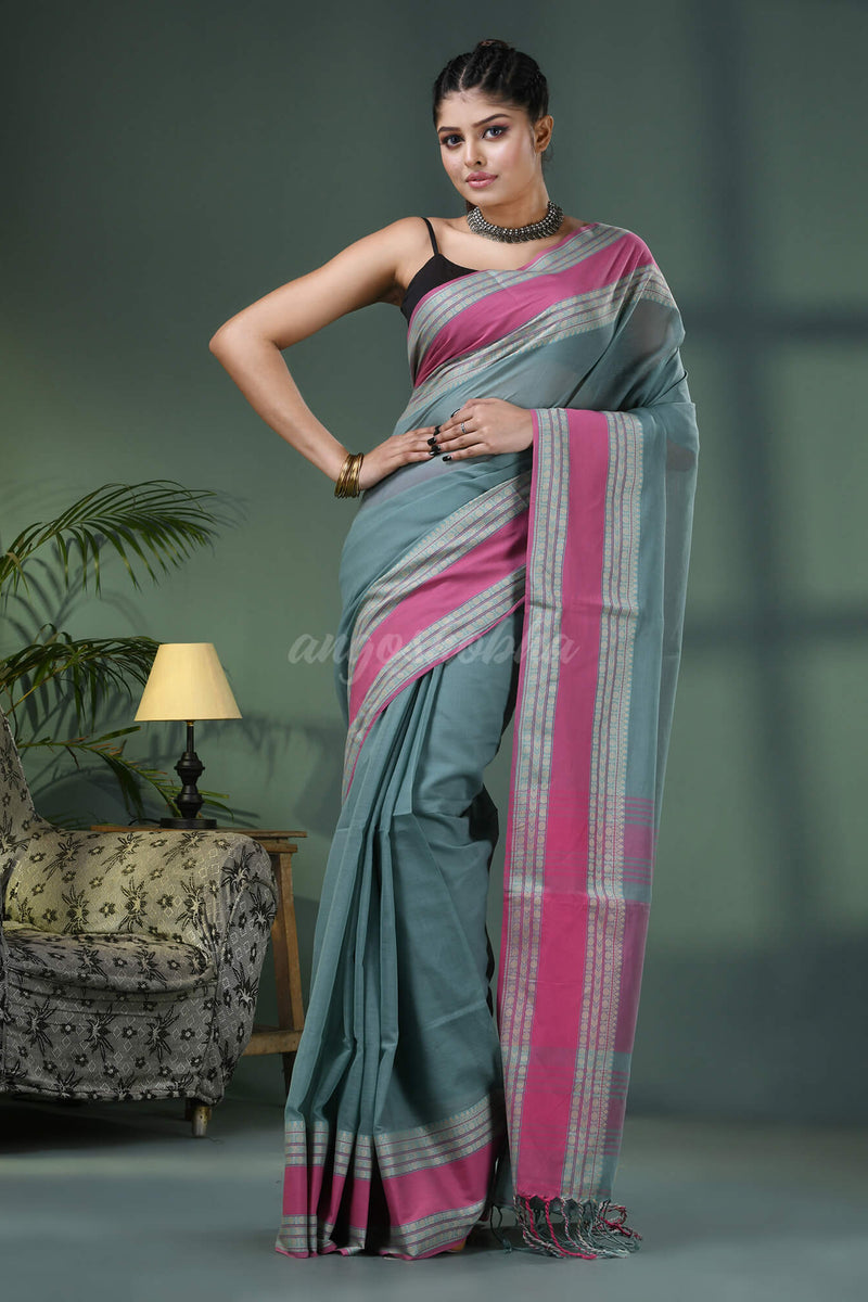 Jengle Green Cotton Jacquard Border Handloom Saree