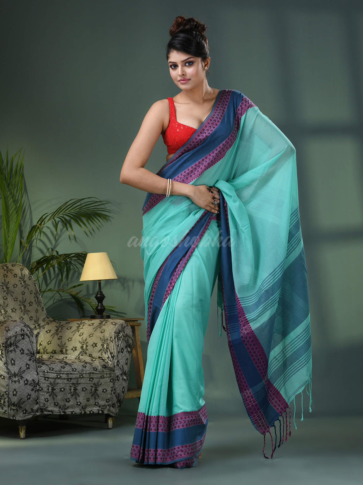 Teal Cotton Jacquard Border Handloom Saree