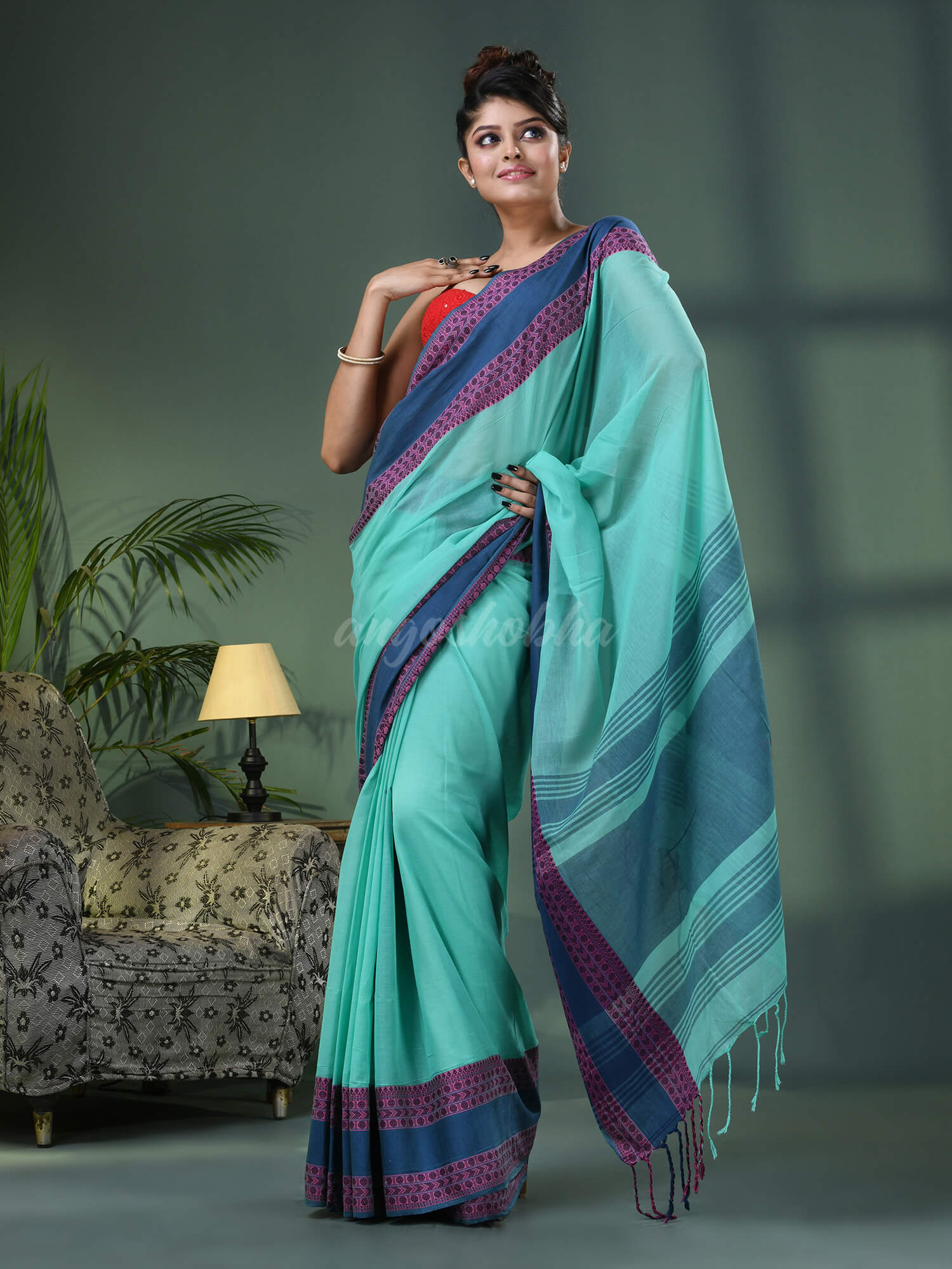 Teal Cotton Jacquard Border Handloom Saree