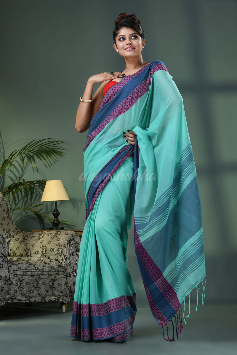 Teal Cotton Jacquard Border Handloom Saree
