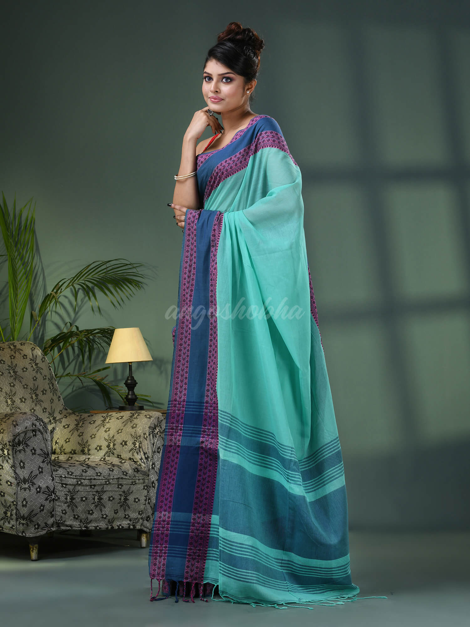 Teal Cotton Jacquard Border Handloom Saree