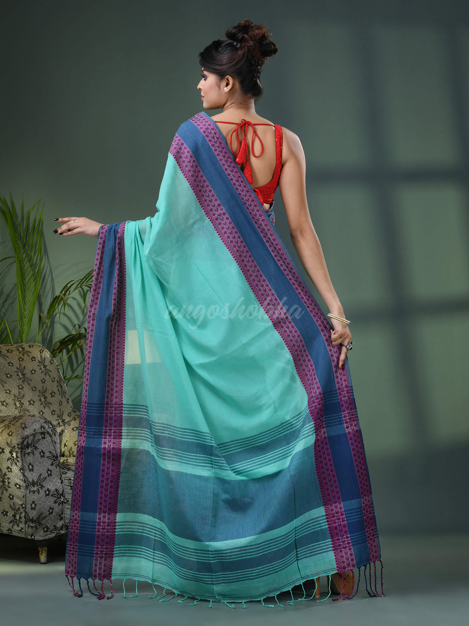 Teal Cotton Jacquard Border Handloom Saree