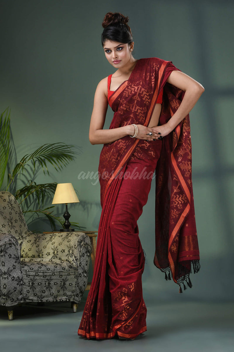 Maroon Cotton Jacquard Border Handloom Saree
