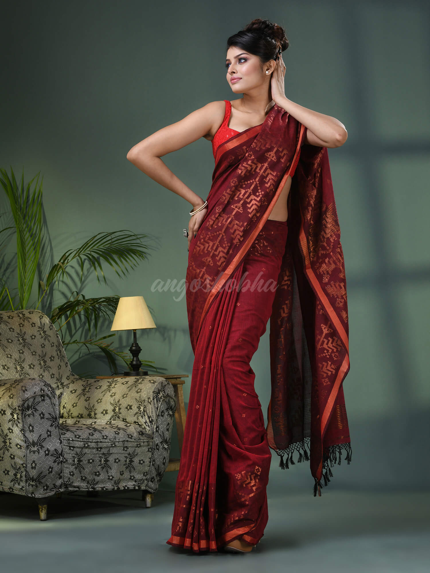 Maroon Cotton Jacquard Border Handloom Saree