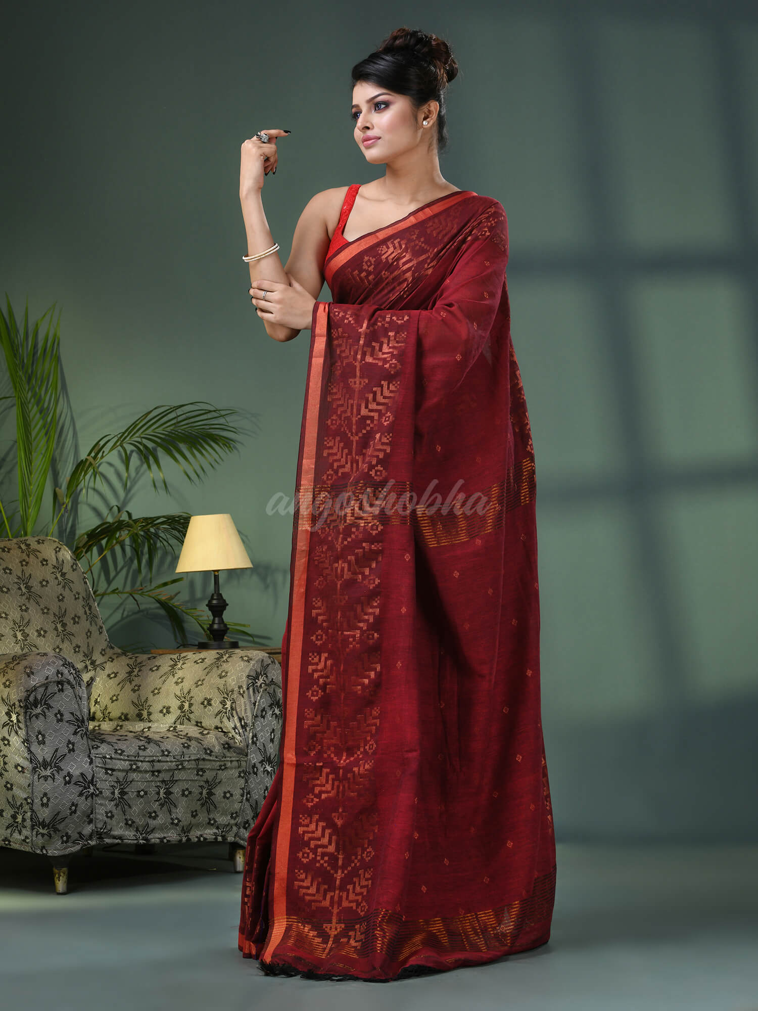 Maroon Cotton Jacquard Border Handloom Saree