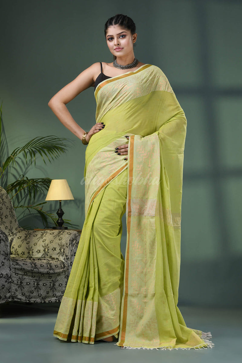 Pear Green Cotton Jacquard Border Handloom Saree