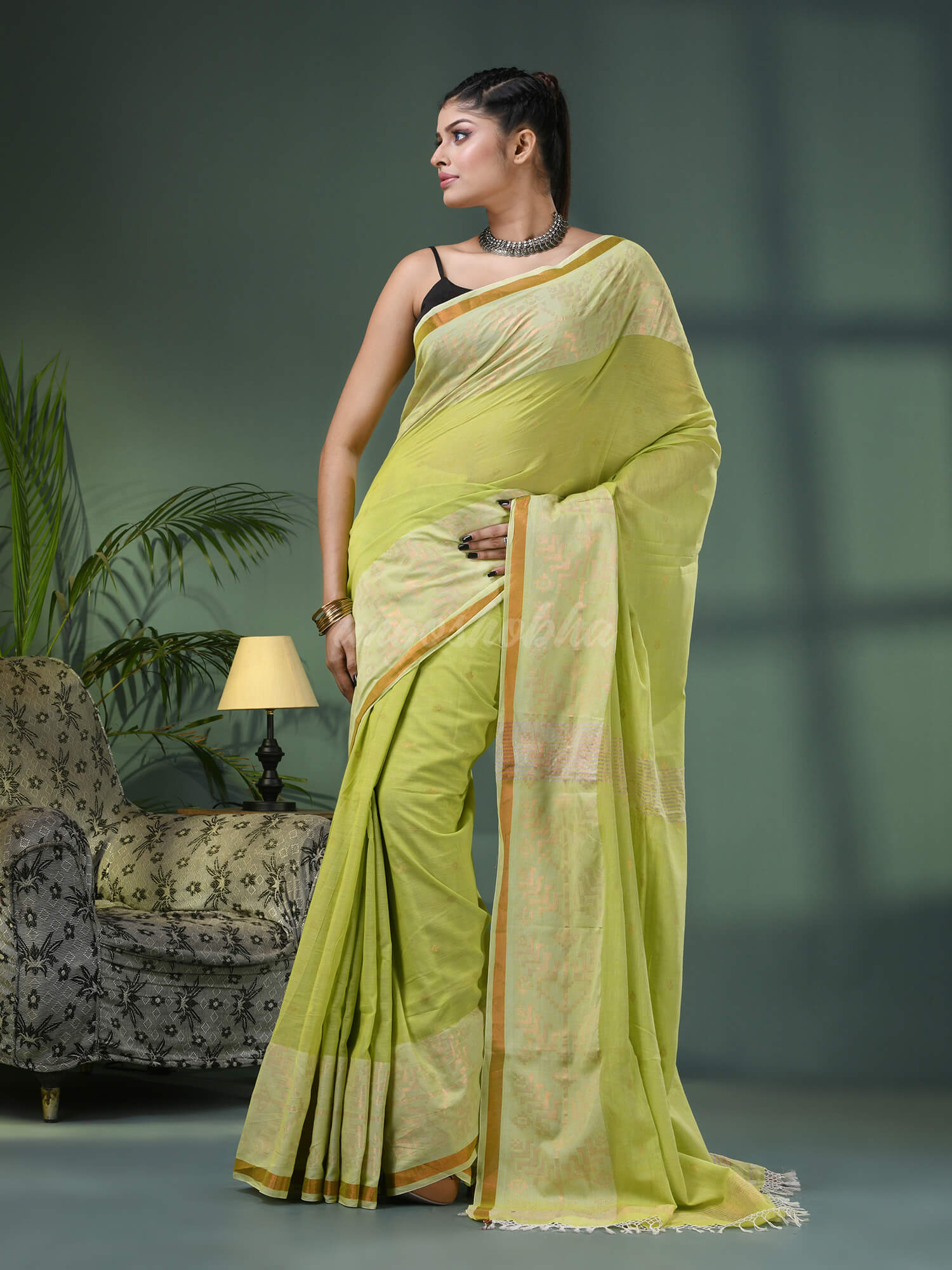 Pear Green Cotton Jacquard Border Handloom Saree
