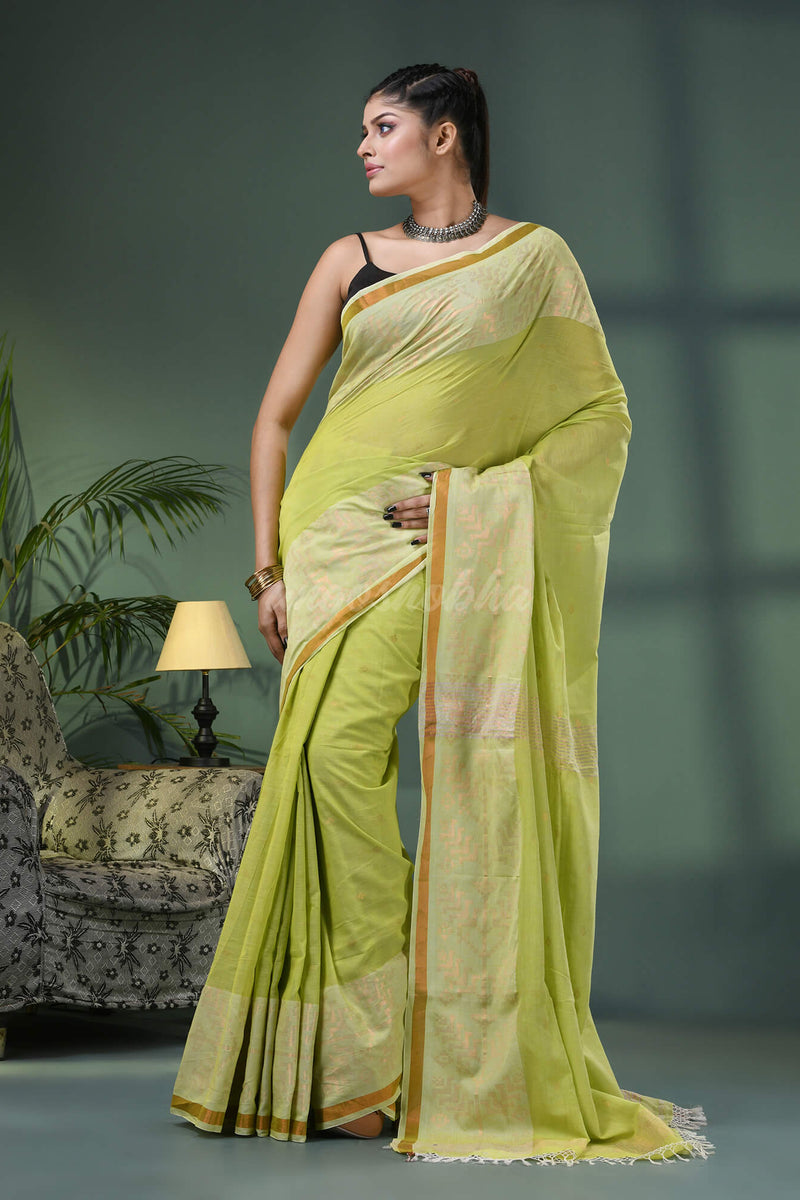 Pear Green Cotton Jacquard Border Handloom Saree