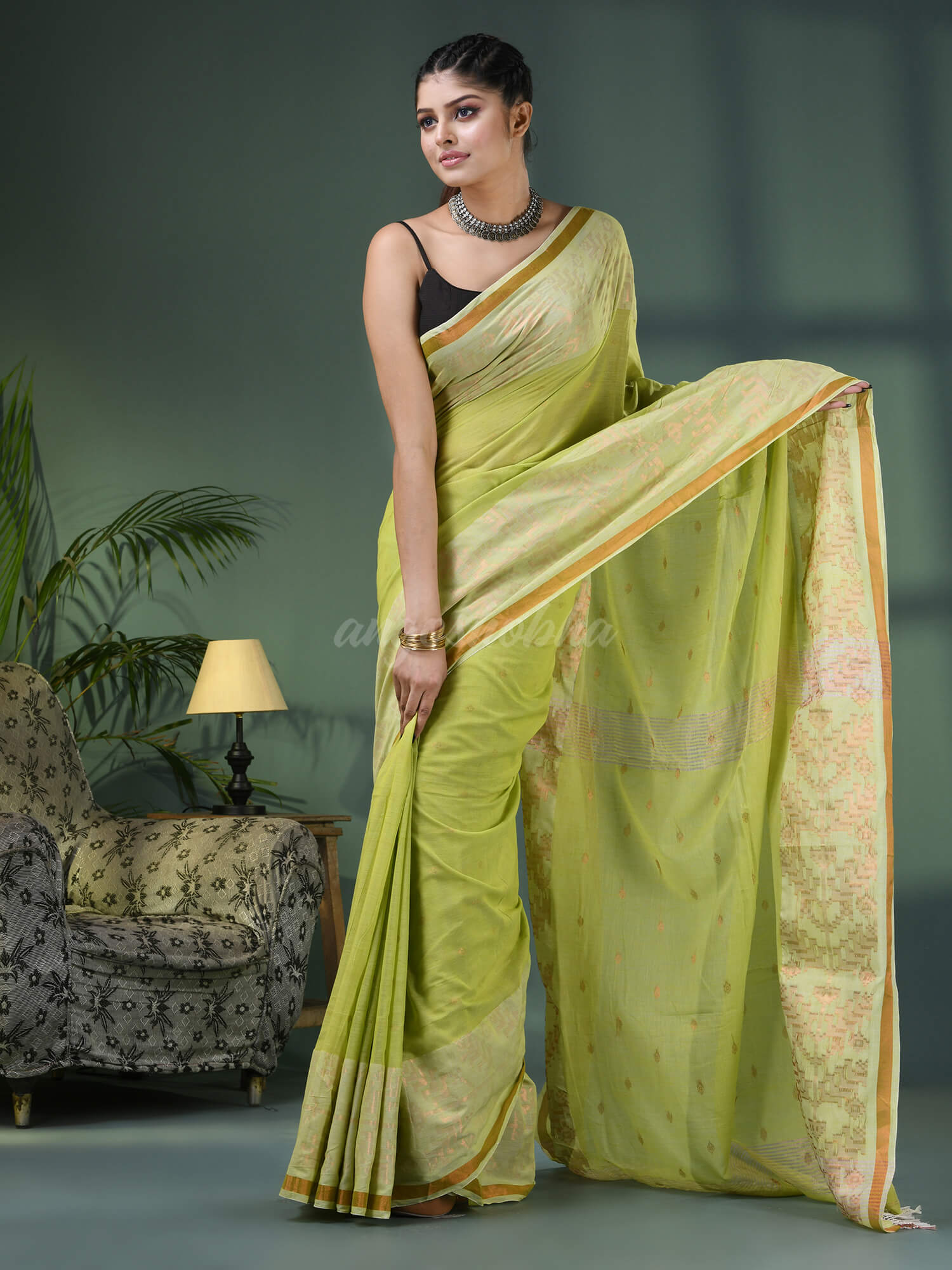 Pear Green Cotton Jacquard Border Handloom Saree