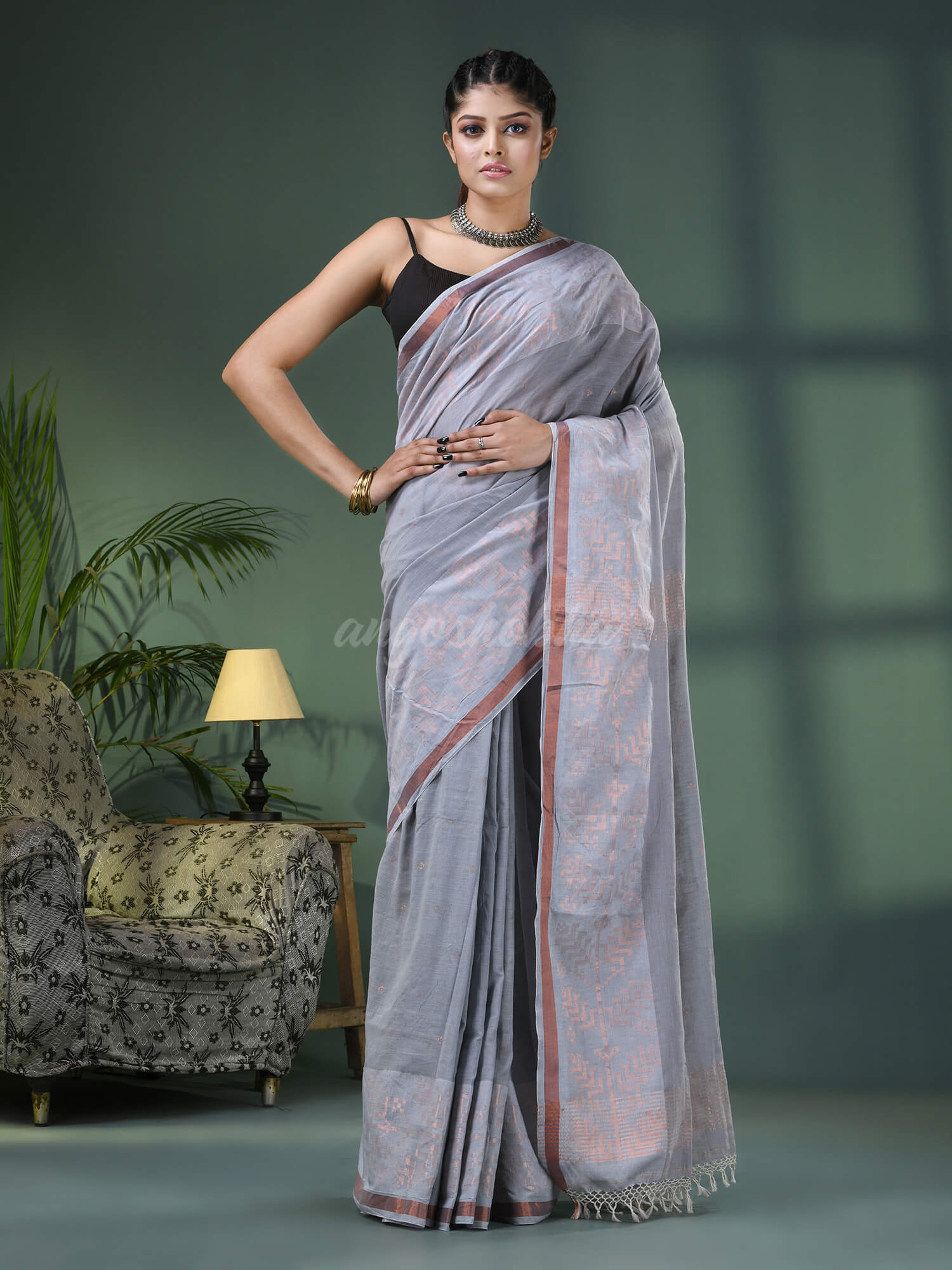Silver Cotton Jacquard Border Handloom Saree