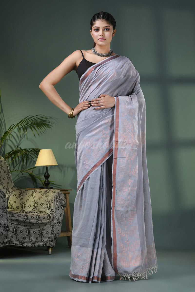Silver Cotton Jacquard Border Handloom Saree