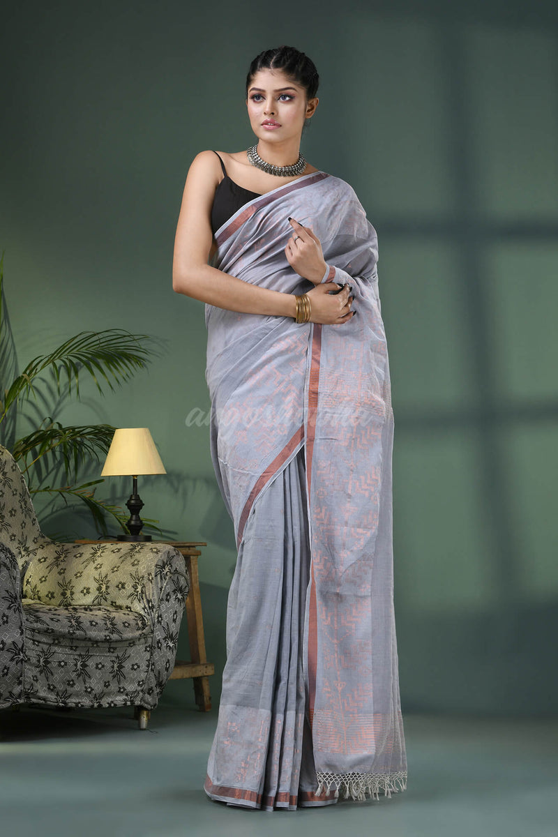 Silver Cotton Jacquard Border Handloom Saree