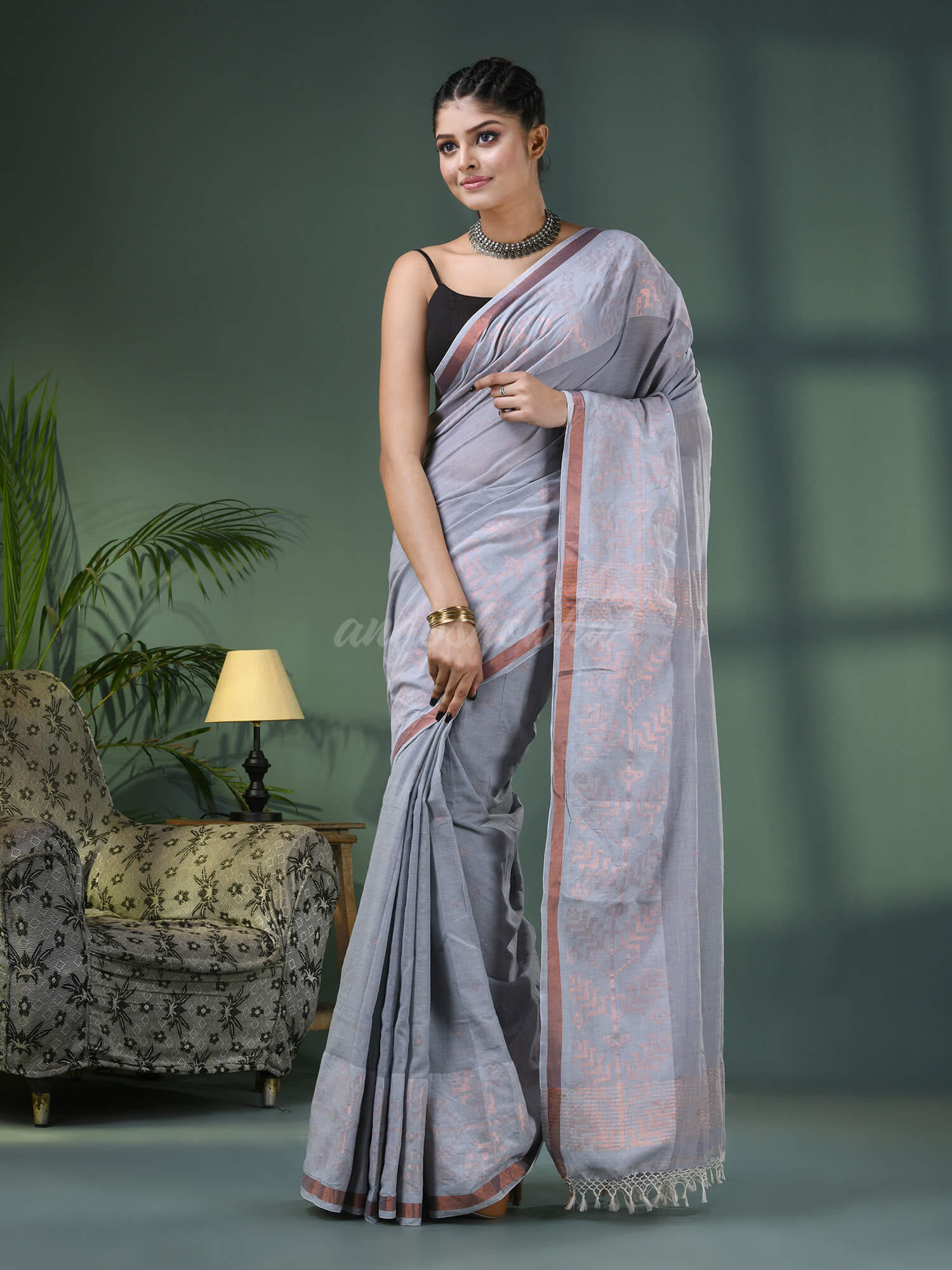Silver Cotton Jacquard Border Handloom Saree