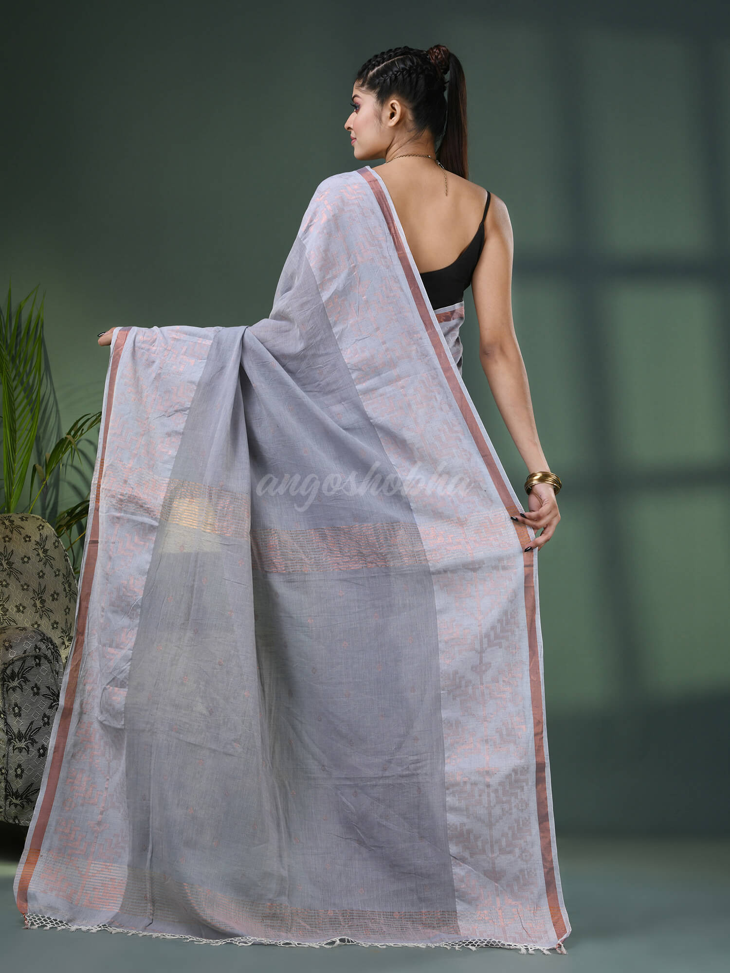 Silver Cotton Jacquard Border Handloom Saree
