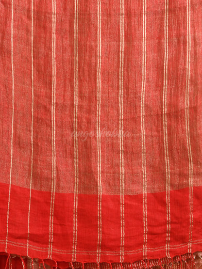 Red Linen All Body Silver Zari Stripe Handwoven Saree