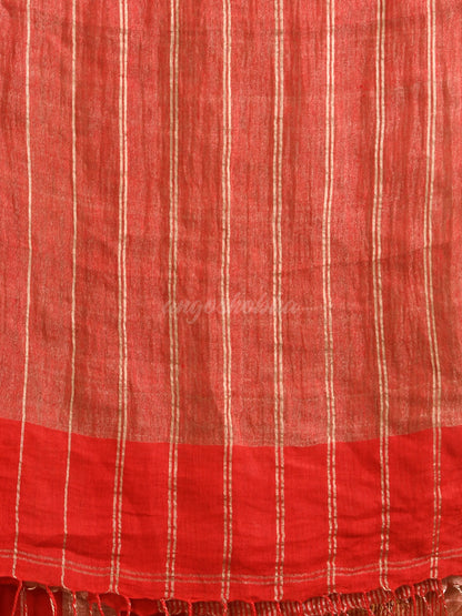 Red Linen All Body Silver Zari Stripe Handwoven Saree