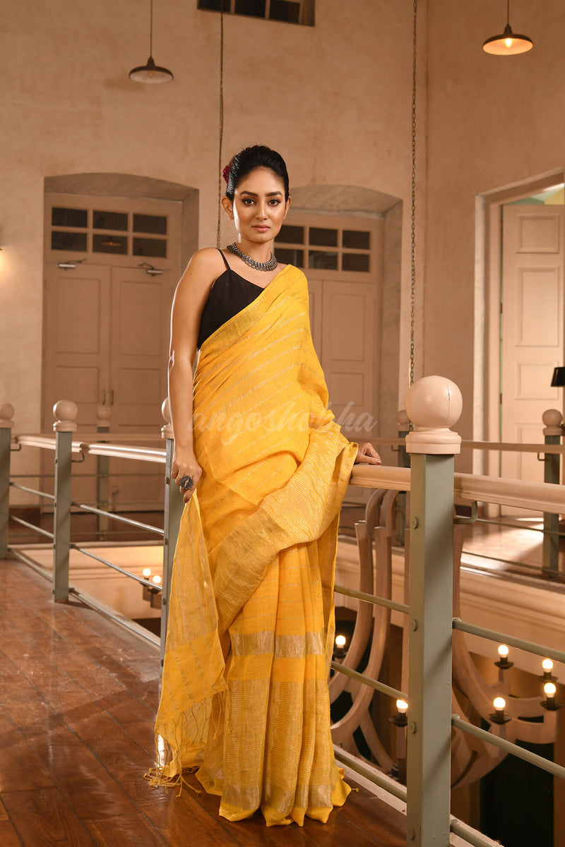 Yellow Linen All Body Silver Zari Stripe Handwoven Saree