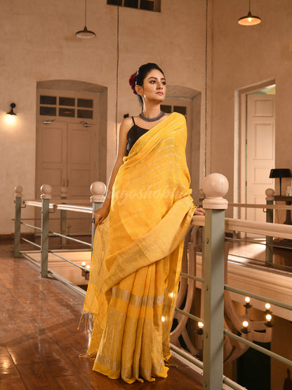 Yellow Linen All Body Silver Zari Stripe Handwoven Saree