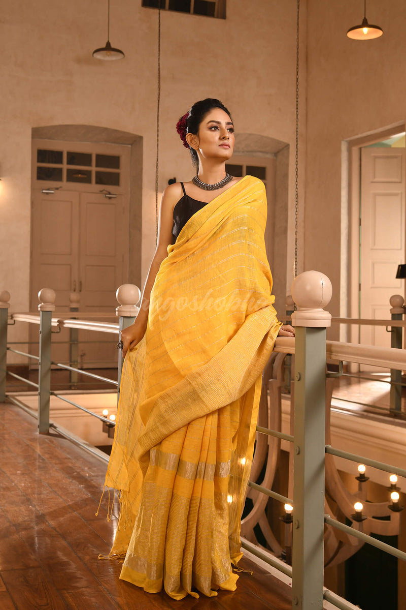Yellow Linen All Body Silver Zari Stripe Handwoven Saree