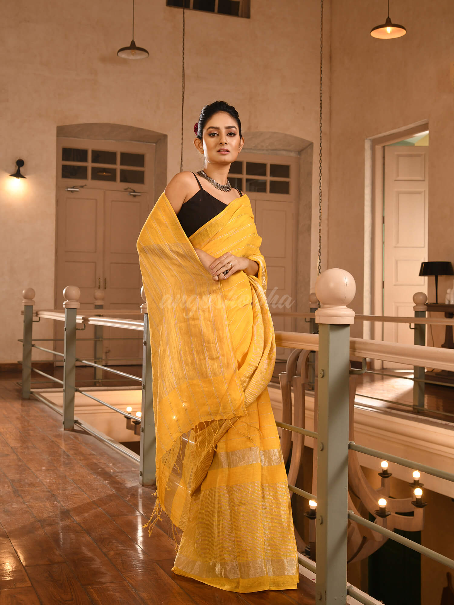 Yellow Linen All Body Silver Zari Stripe Handwoven Saree