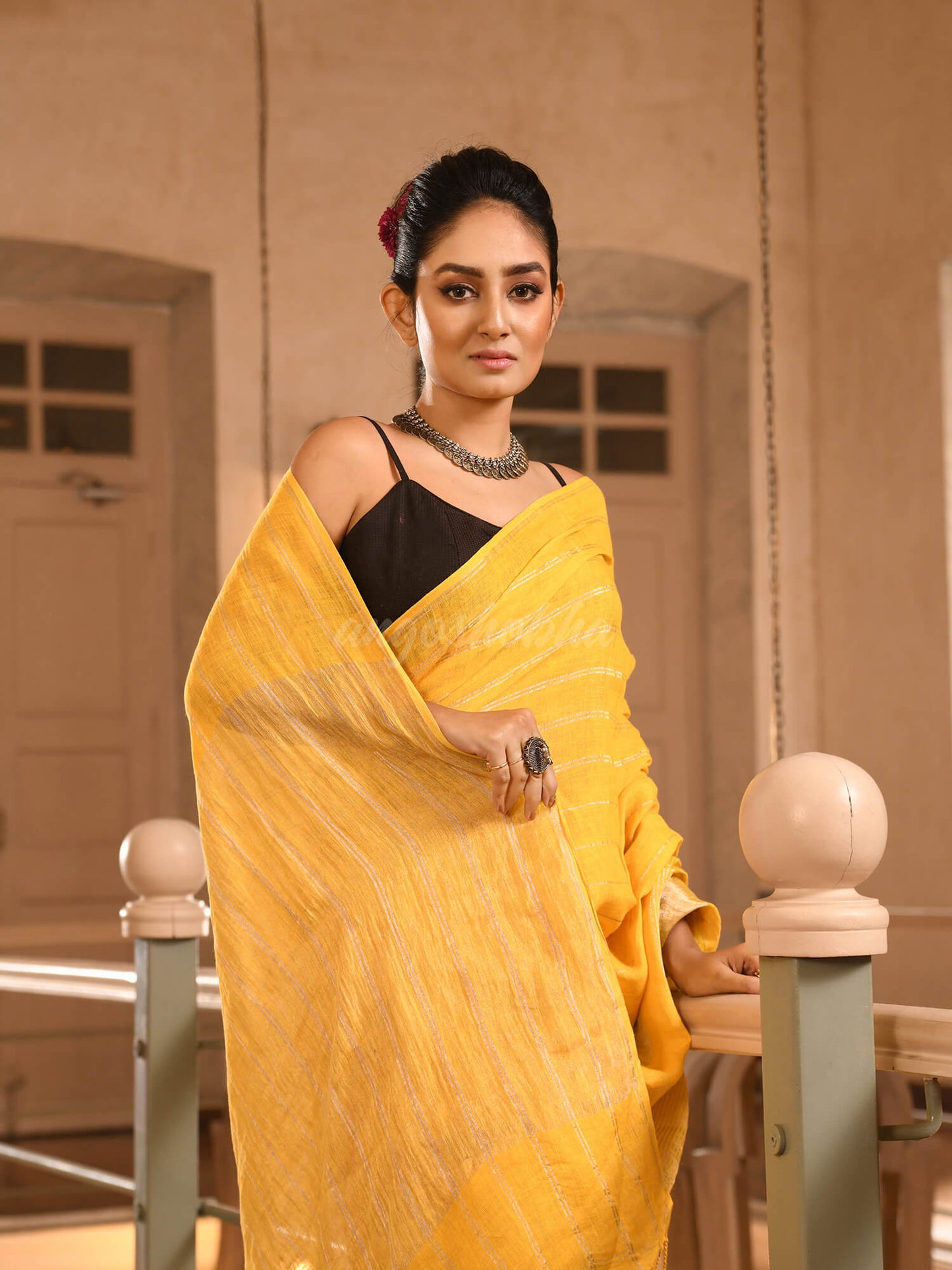 Yellow Linen All Body Silver Zari Stripe Handwoven Saree