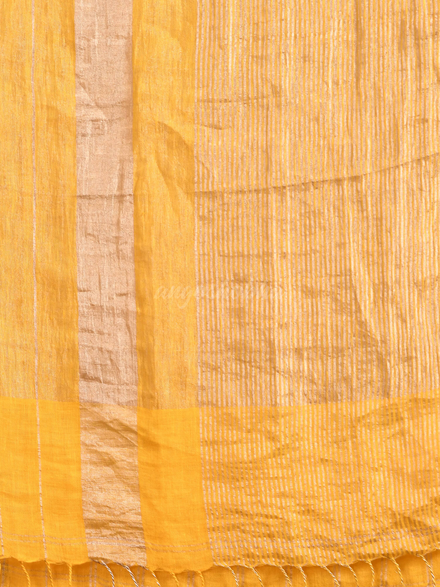 Yellow Linen All Body Silver Zari Stripe Handwoven Saree