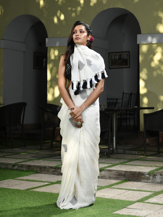 White Linen Black Deck Of Cards Design Handwoven Saree