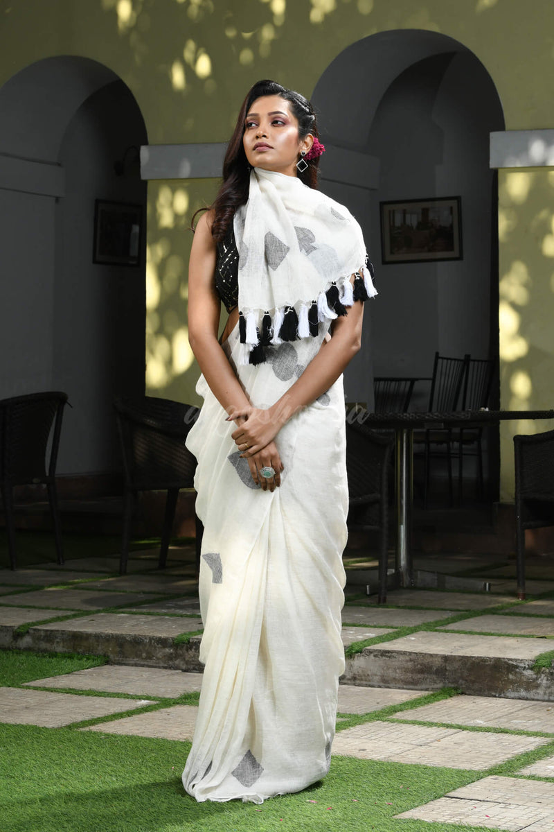White Linen Black Deck Of Cards Design Handwoven Saree