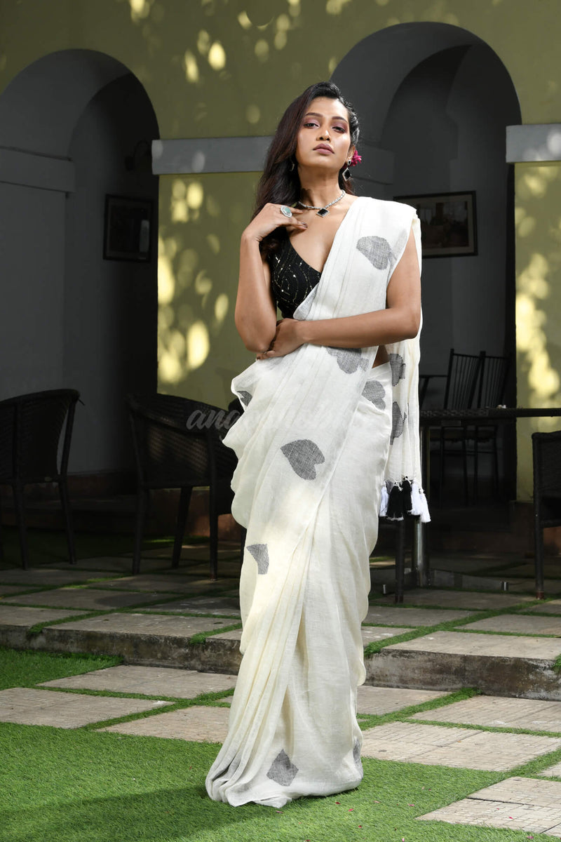 White Linen Black Deck Of Cards Design Handwoven Saree