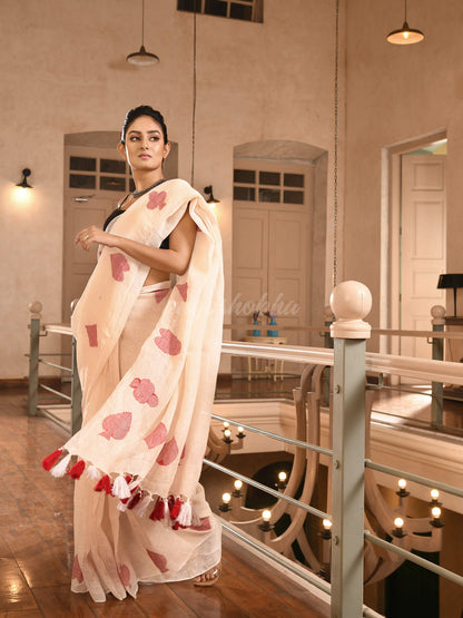 White Linen Red Deck Of Cards Design Handwoven Saree