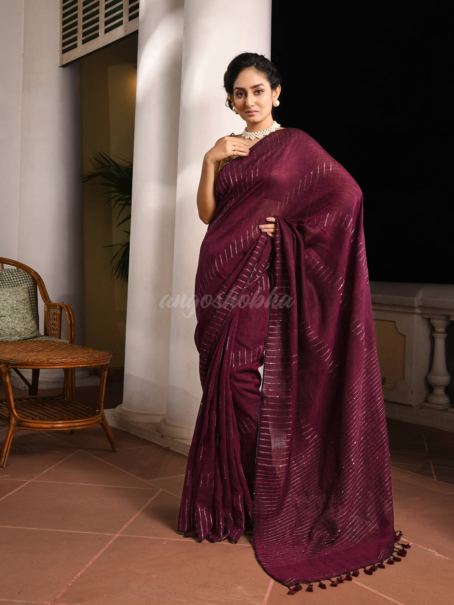 Magenta Linen Sequin Work Handwoven Saree