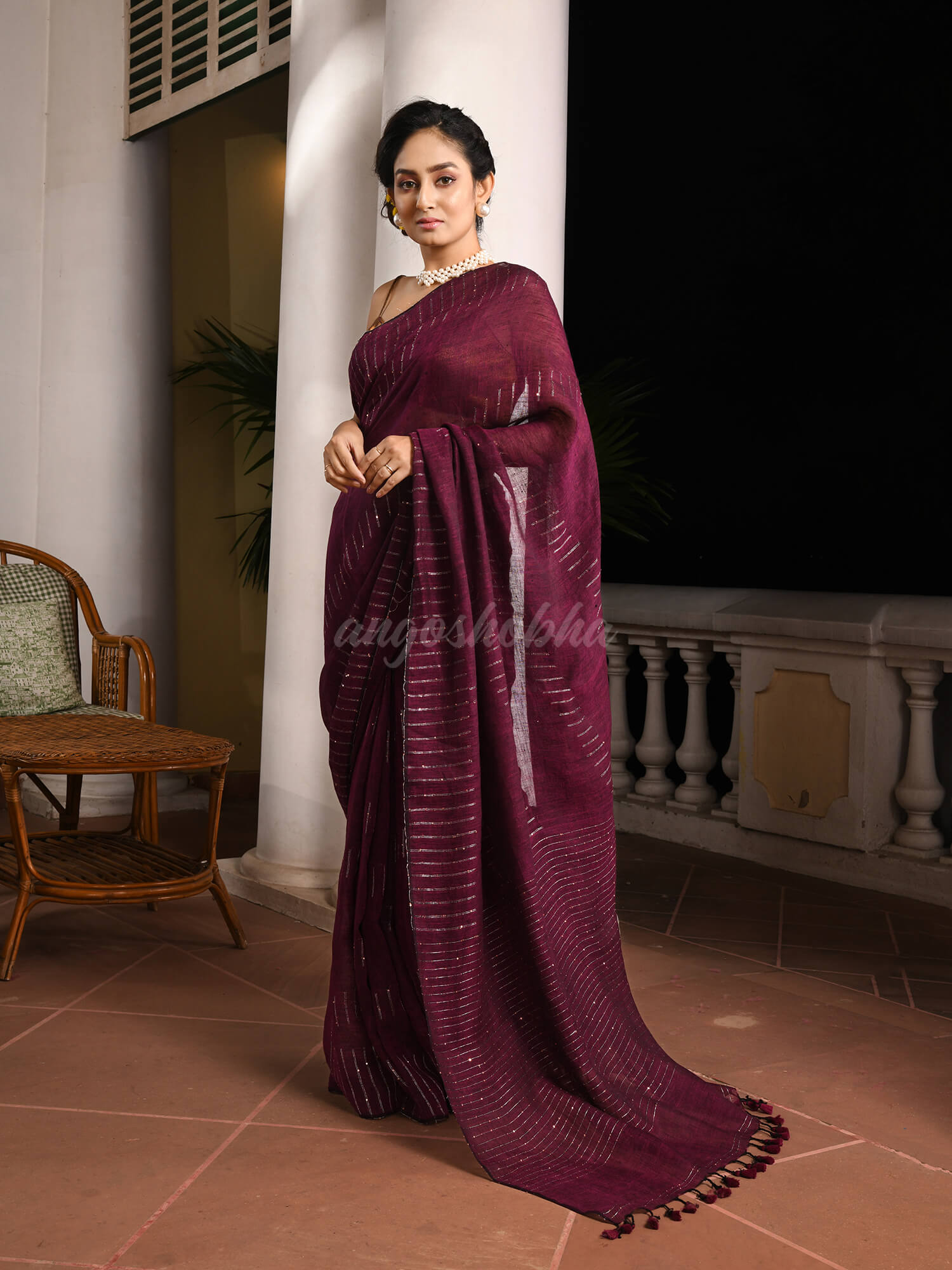 Magenta Linen Sequin Work Handwoven Saree