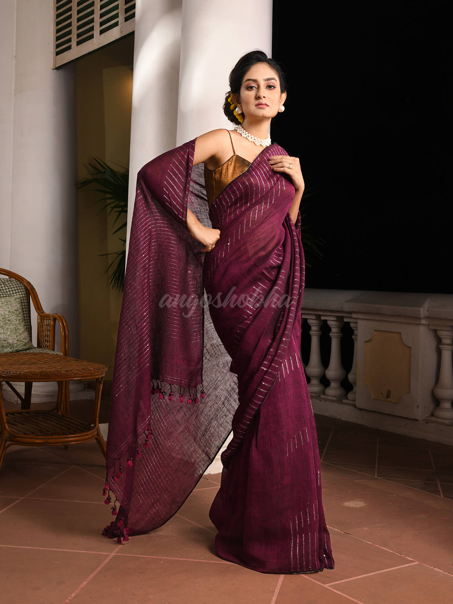Magenta Linen Sequin Work Handwoven Saree