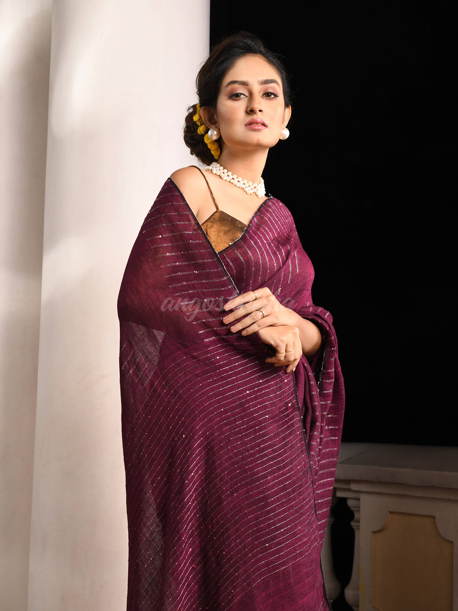 Magenta Linen Sequin Work Handwoven Saree