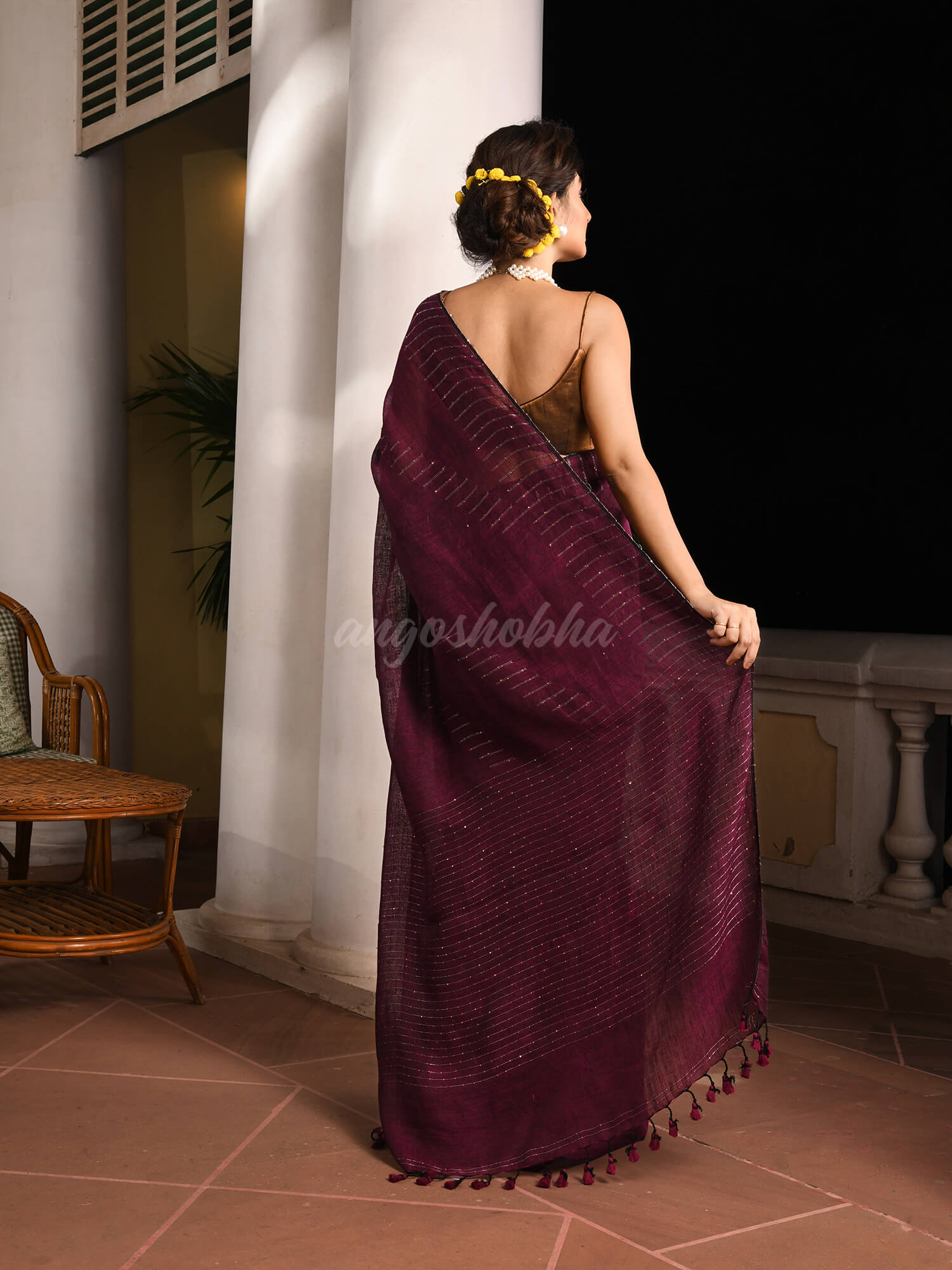 Magenta Linen Sequin Work Handwoven Saree