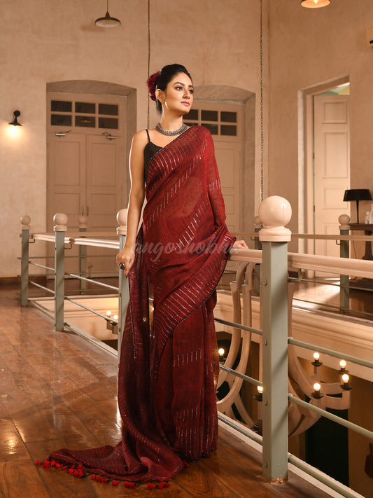 Maroon Linen Sequin Work Handwoven Saree