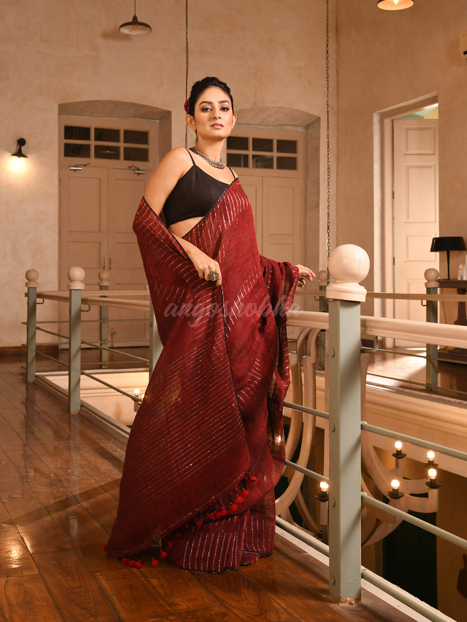 Maroon Linen Sequin Work Handwoven Saree