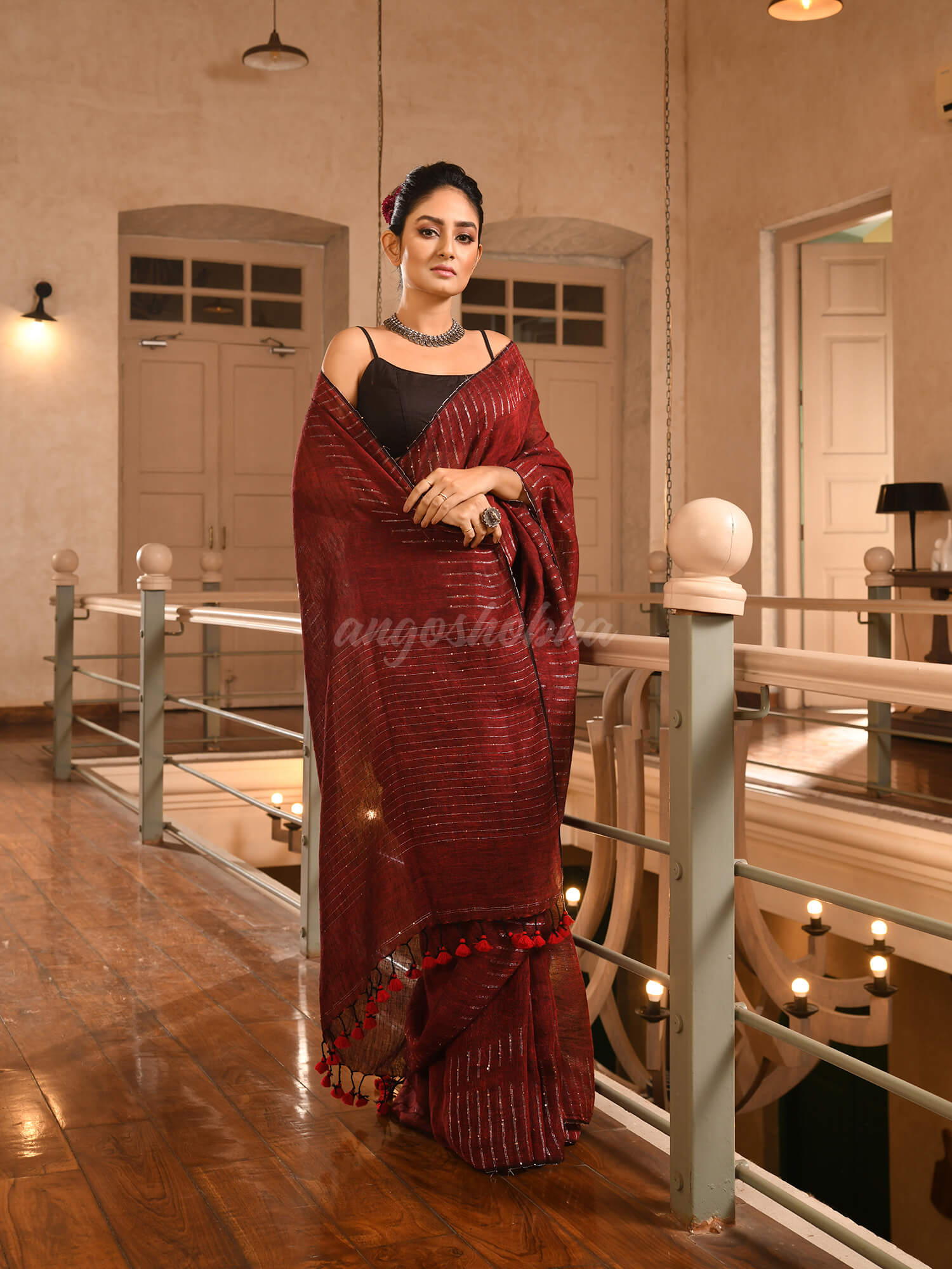 Maroon Linen Sequin Work Handwoven Saree