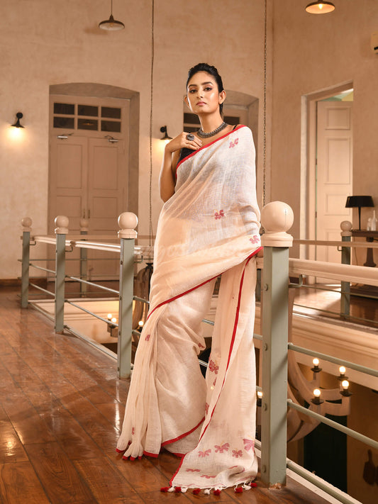 White Linen All Body Flowers motive Handwoven Saree