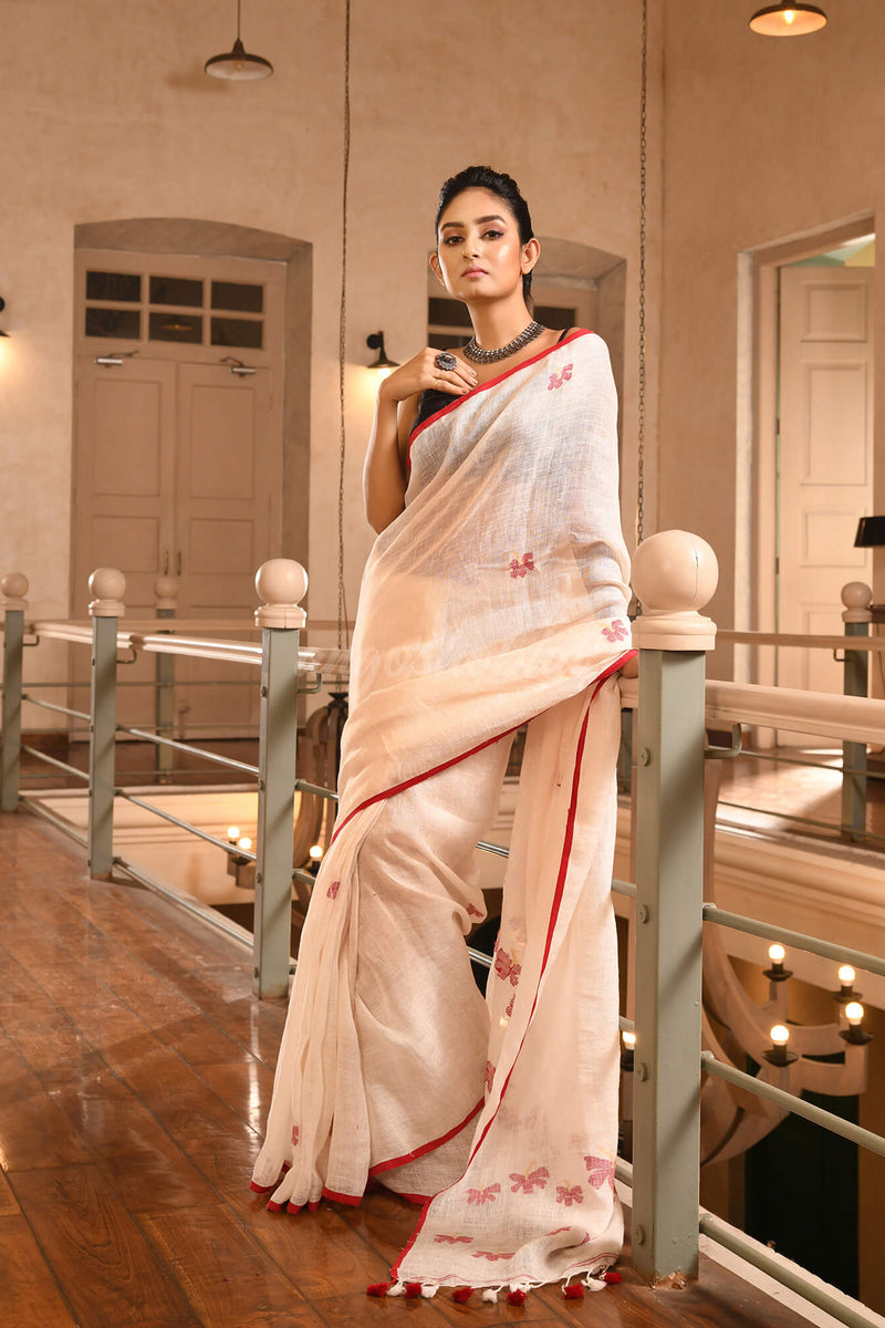 White Linen All Body Flowers motive Handwoven Saree