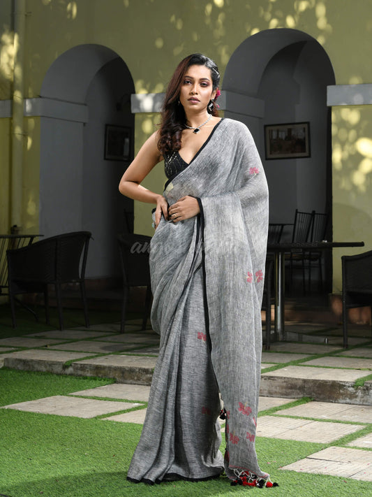 Grey Linen All Body Flowers motive Handwoven Saree